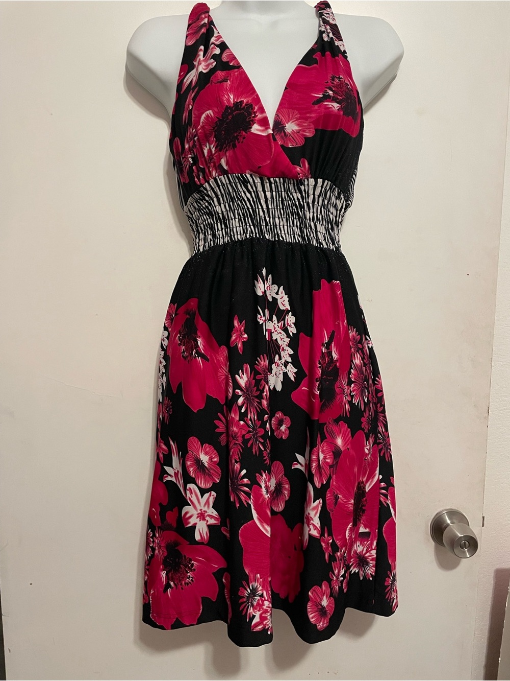 Women's Halter Floral Mini Dress in Black and Fuchsia